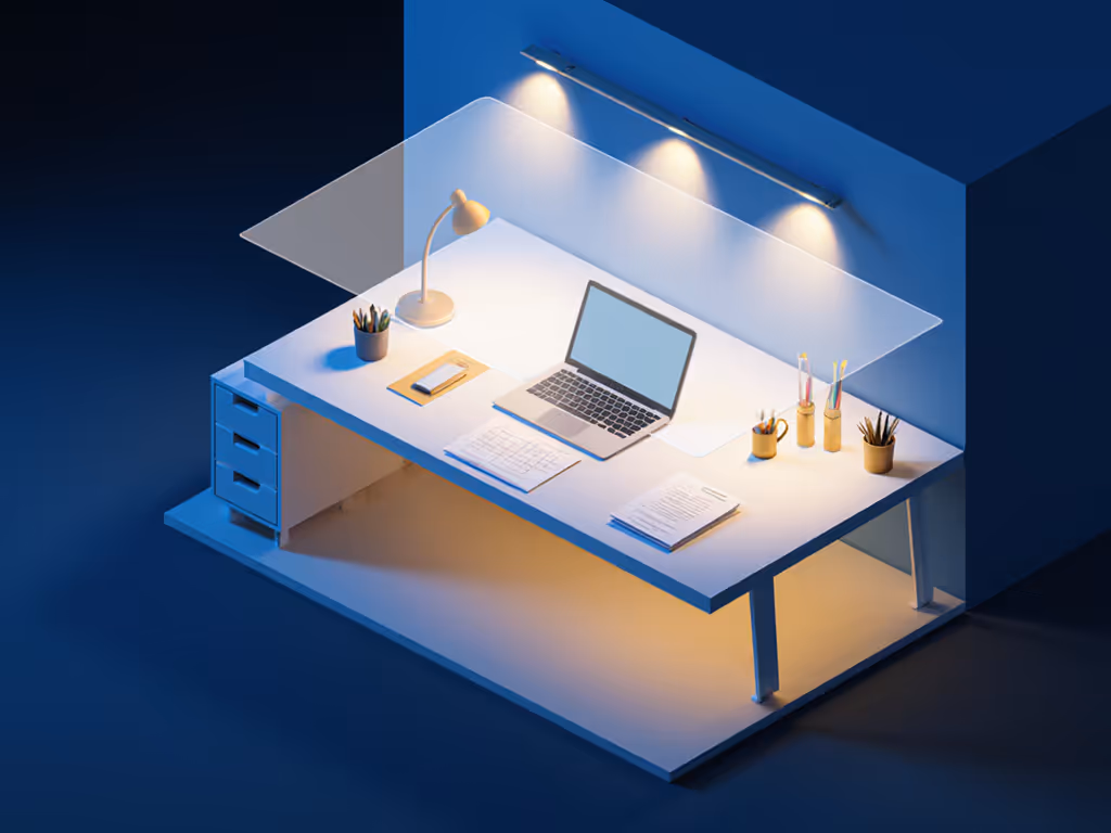 layered lighting diagram showing ambient, task, and accent zones over a desk